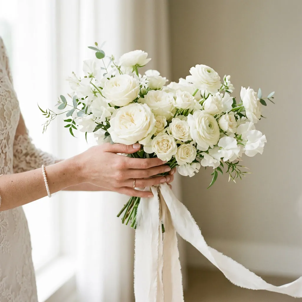Manos de la novia sosteniendo un bouquet all-white de rosas y ranúnculos blancos atado con cinta de seda marfil