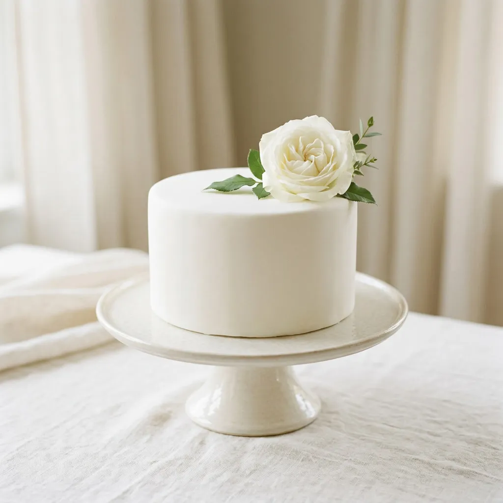 Torta de casamiento minimalista blanca y lisa decorada con una rosa blanca fresca sobre soporte marfil, fondo all-white desenfocado