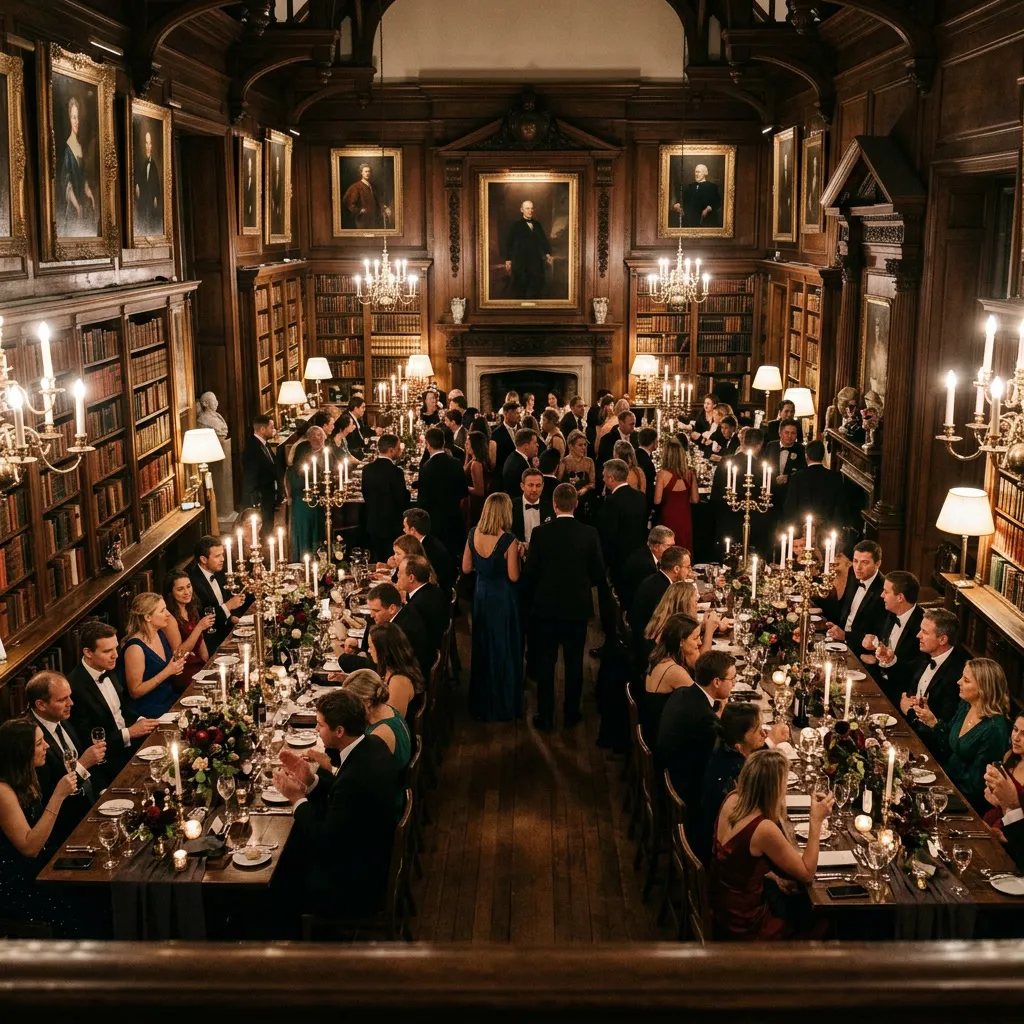 Invitados elegantes celebrando en la biblioteca del manor entre estanterías de libros y retratos al óleo