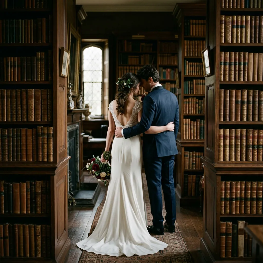 Pareja de novios de espaldas, abrazados entre las altas estanterías de la biblioteca del manor