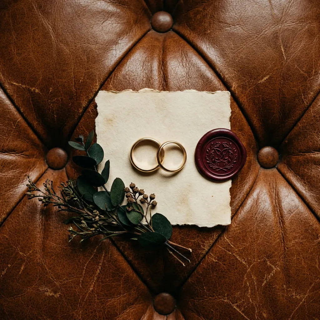 Anillos clásicos sobre un sillón chesterfield de cuero coñac junto a un sello de lacre burgundy y follaje verde oscuro