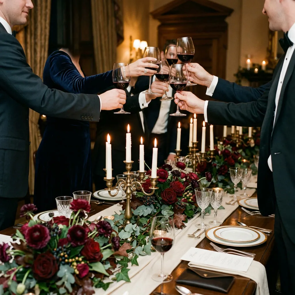 Invitados brindando con copas de vino tinto en una mesa formal del manor con candelabros de latón y flores burgundy