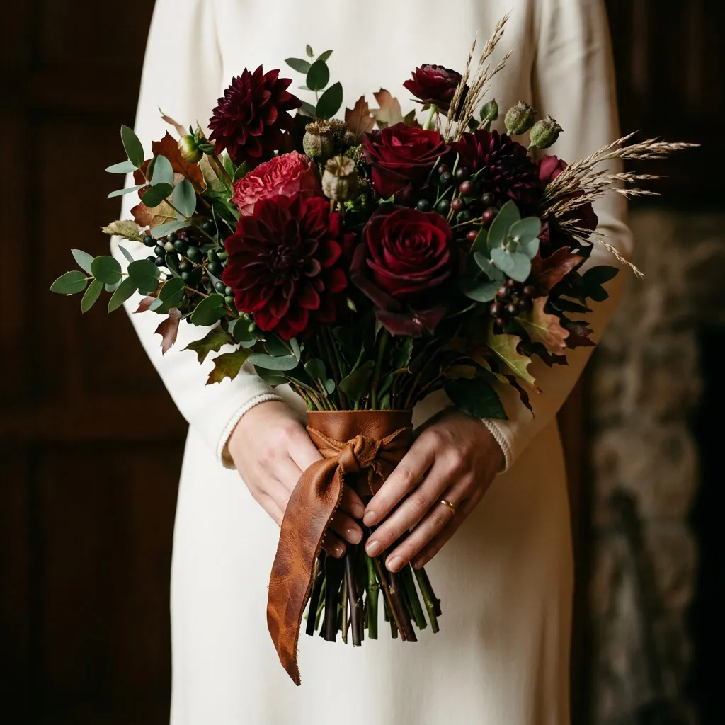 Manos de la novia sosteniendo un bouquet otoñal de dalias y rosas burgundy con follaje verde oscuro y cinta de cuero