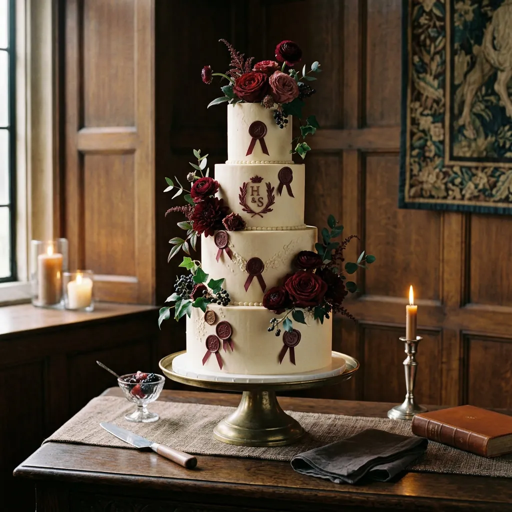 Torta de casamiento clásica de varios pisos en tonos crema con sello de cera burgundy sobre soporte de latón