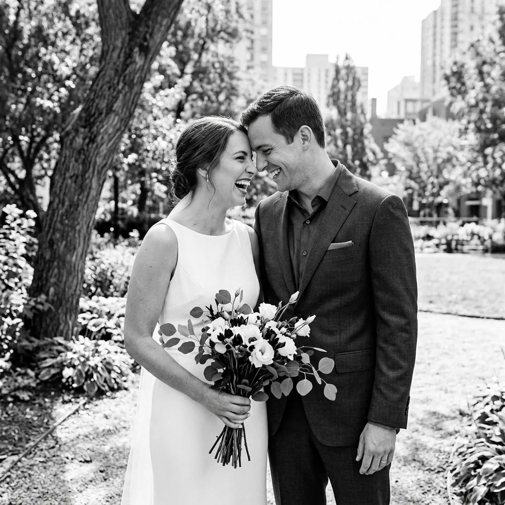 Retrato de los novios riéndose muy cerca uno del otro en un parque, en blanco y negro