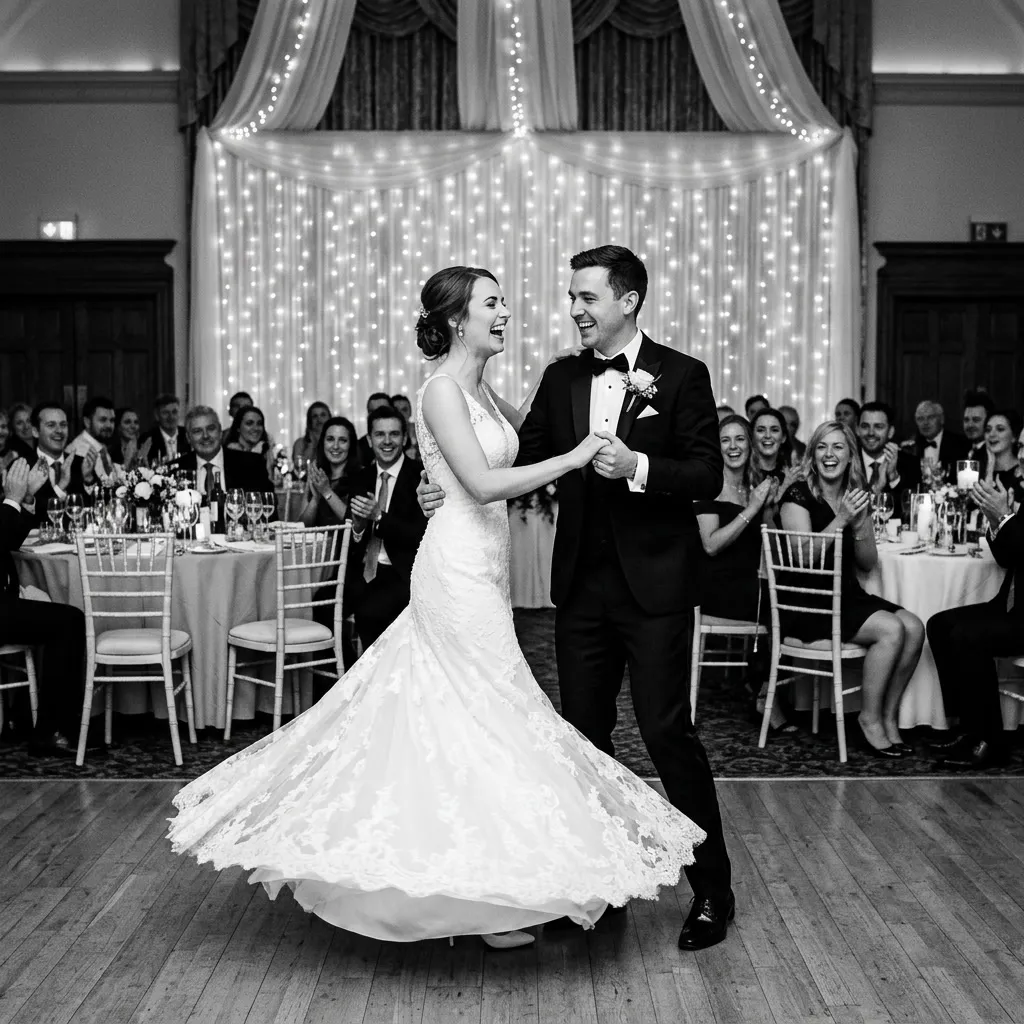 Los novios bailando el primer baile en el salón decorado, en blanco y negro