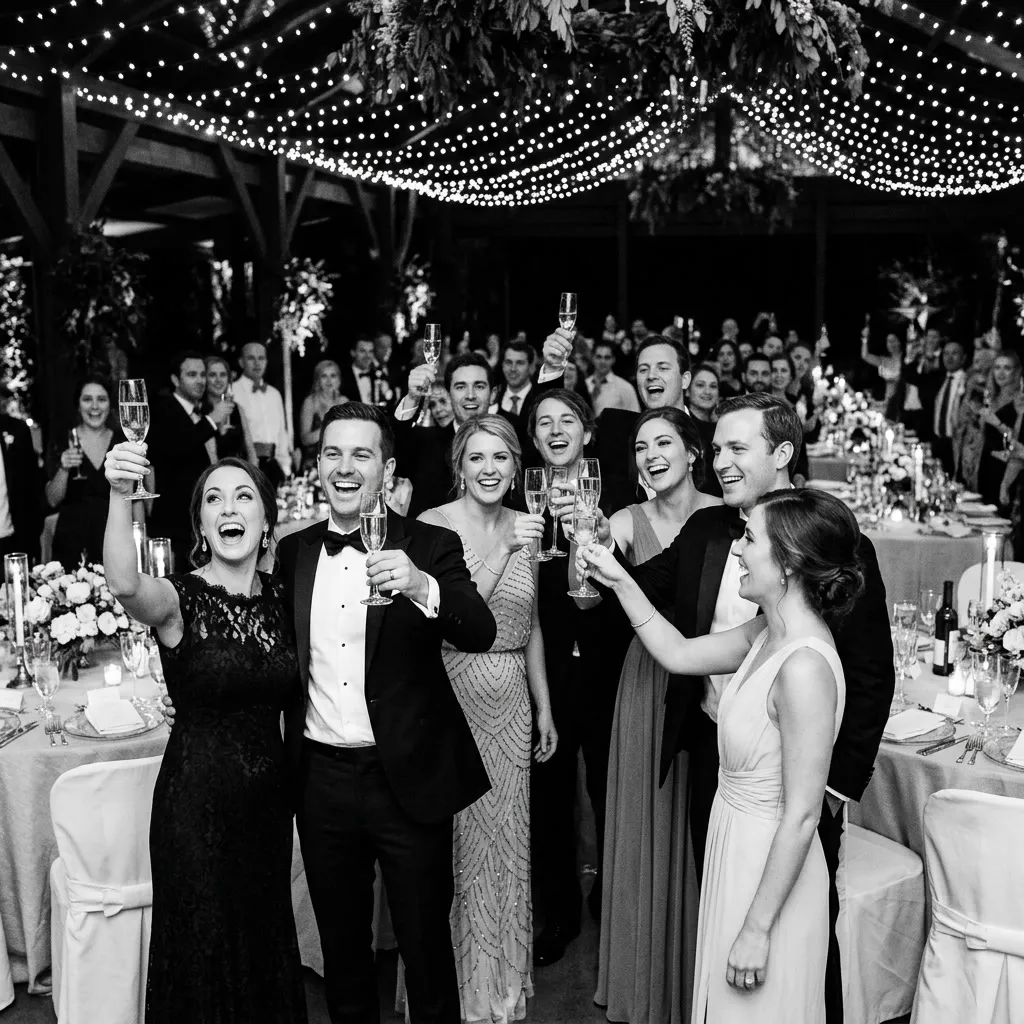 Invitados de traje y vestido brindando con copas de champán en la recepción, en blanco y negro