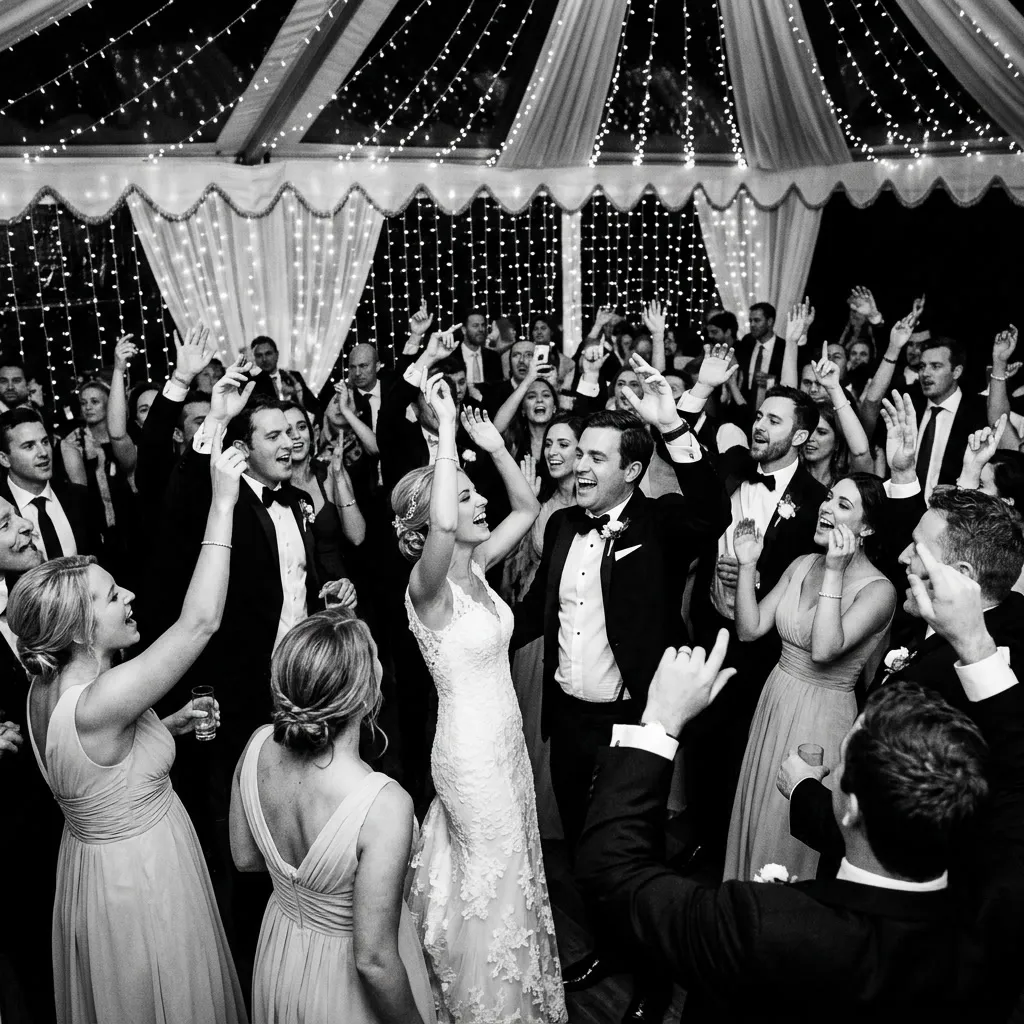 Pista de baile llena de invitados con los brazos en alto de noche, en blanco y negro