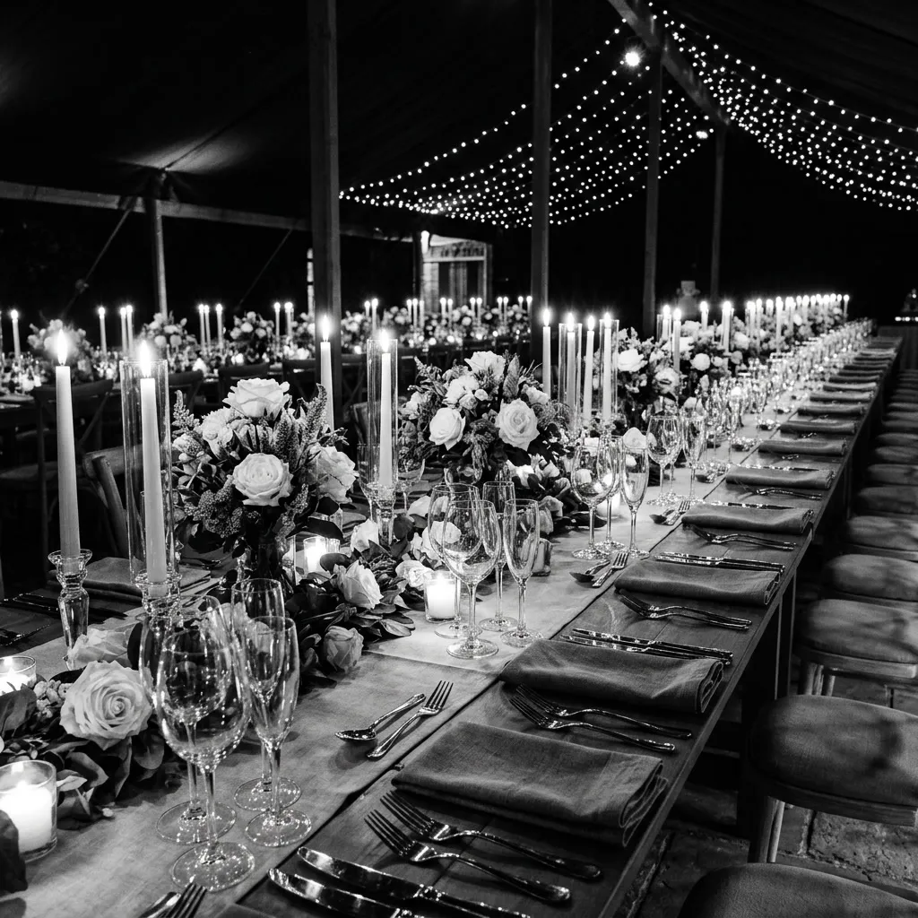 Detalle de la mesa de la fiesta con velas altas, copas y rosas blancas, en blanco y negro