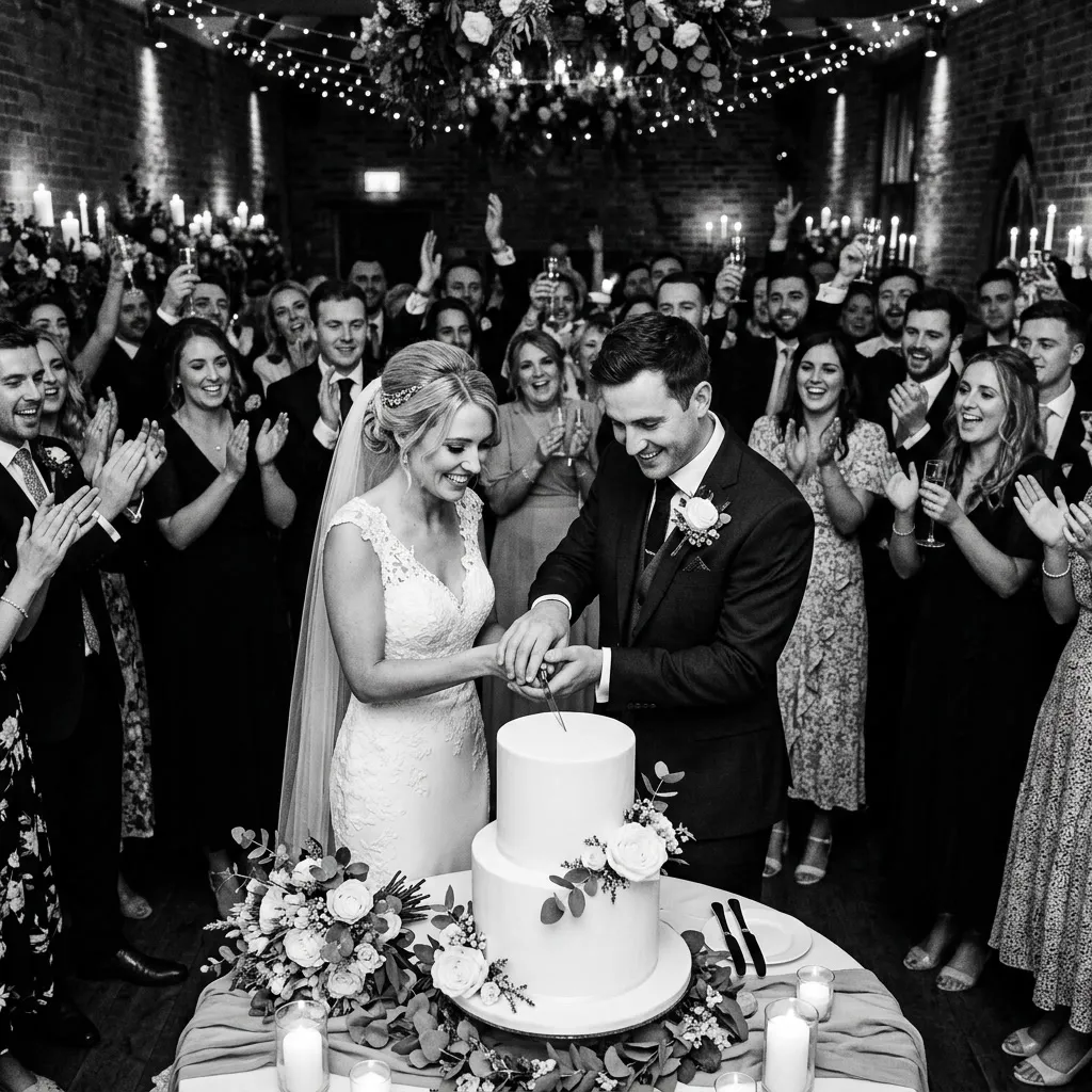 Los novios cortando la torta blanca de dos pisos rodeados de invitados aplaudiendo, en blanco y negro
