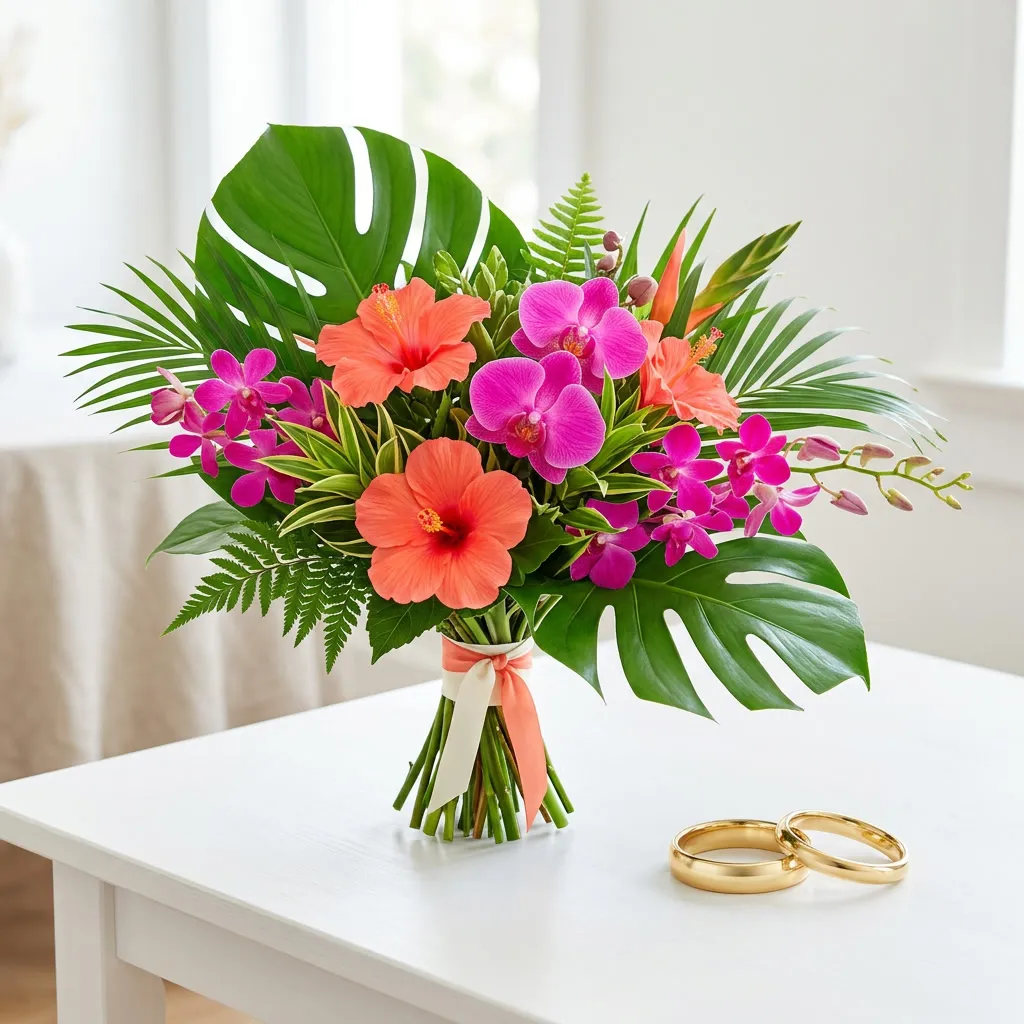 Ramo tropical de hibiscos coral y orquídeas fucsias junto a las alianzas de oro