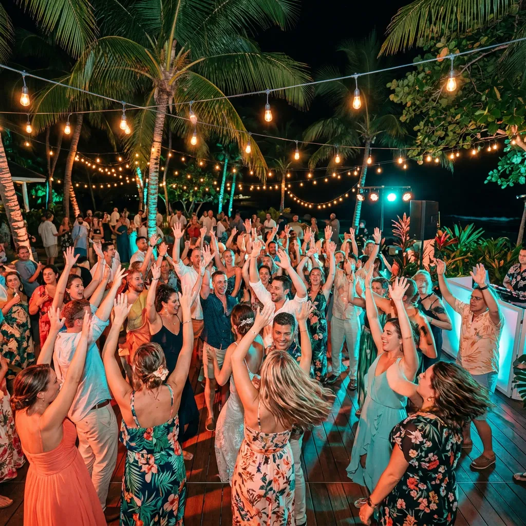 Pista de baile al aire libre llena de invitados bailando bajo luces entre palmeras