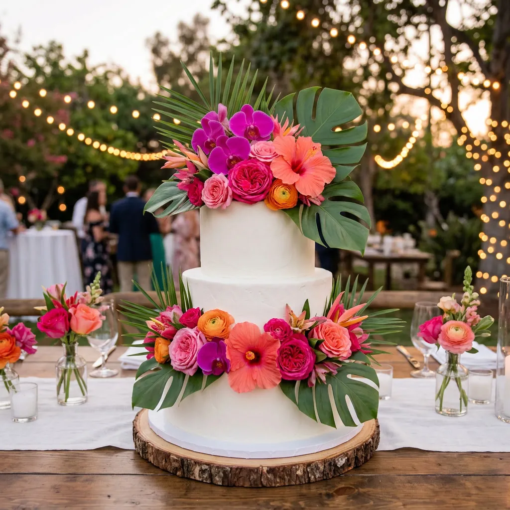 Torta de casamiento blanca decorada con flores tropicales coral y fucsia sobre madera