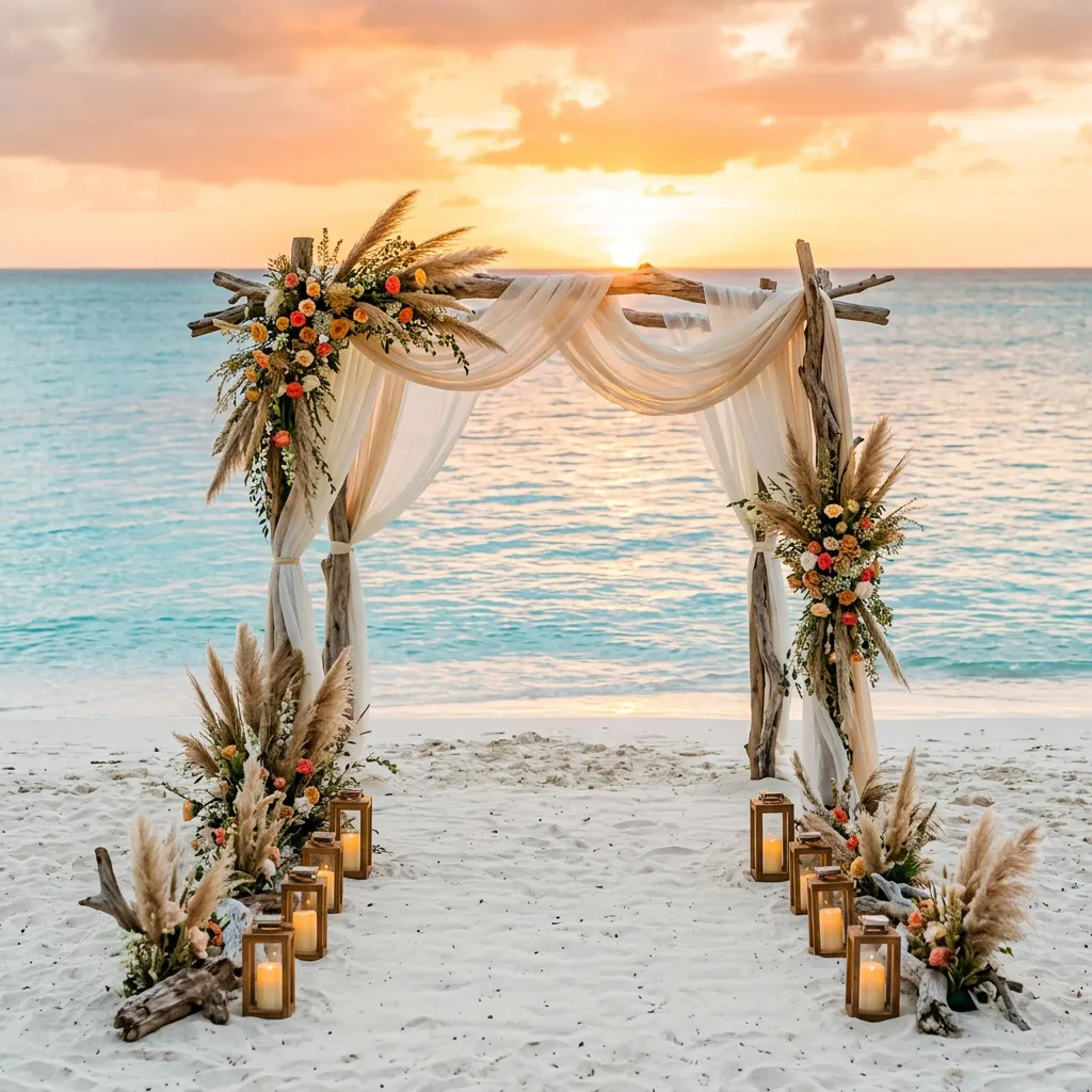 Arco de madera de deriva con telas y pampas grass en la arena blanca al atardecer, faroles de velas y el mar turquesa al fondo