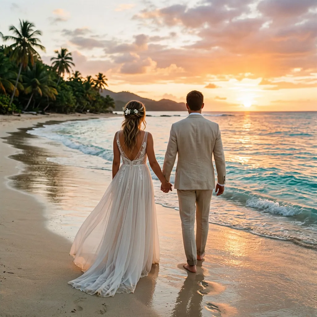 Pareja de novios de espaldas caminando por la orilla caribeña al atardecer, ella con vestido fluido liviano y él con traje arena, con agua turquesa y palmeras