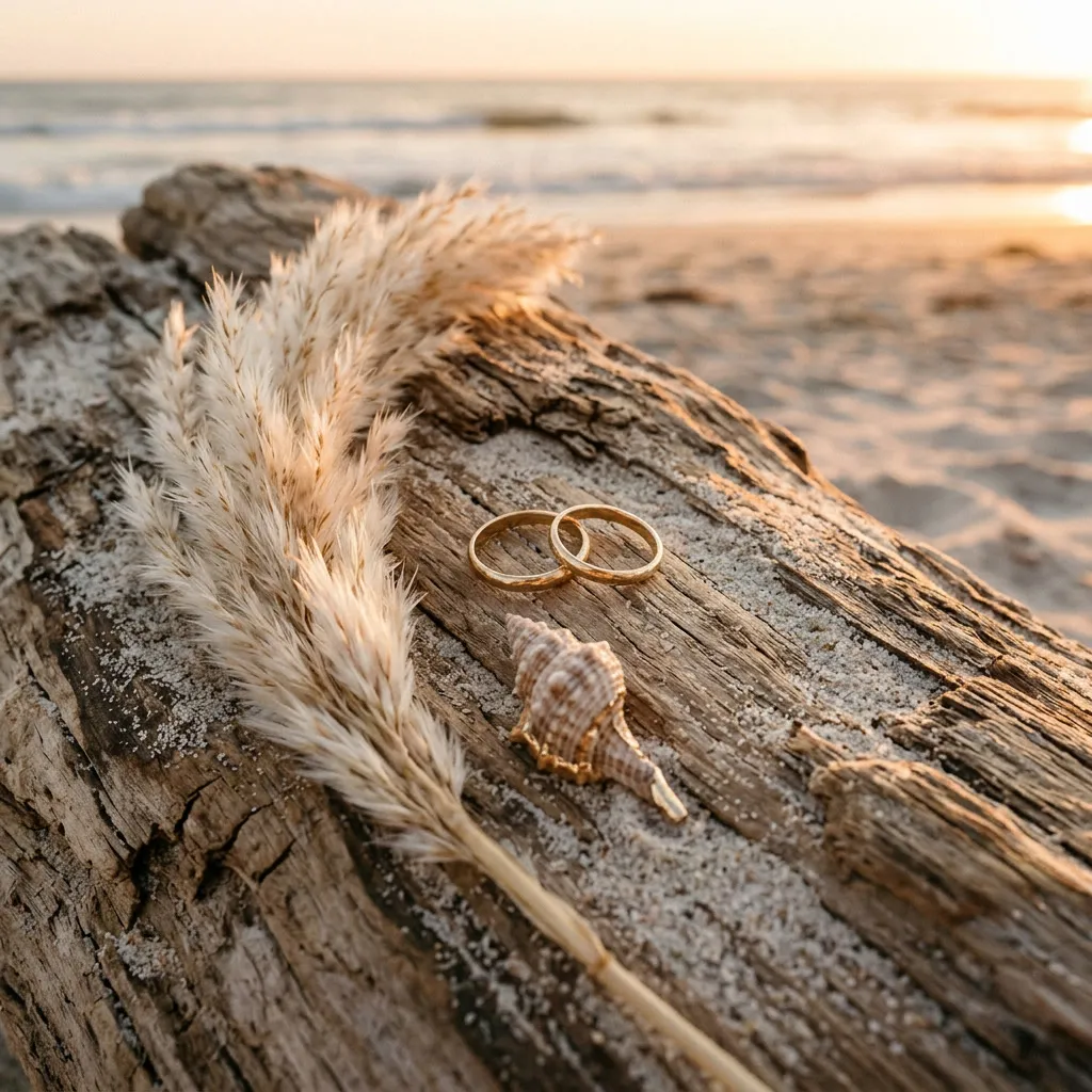 Anillos de boda dorados junto a un caracol, una ramita de pampas grass y un poco de arena blanca sobre madera de deriva