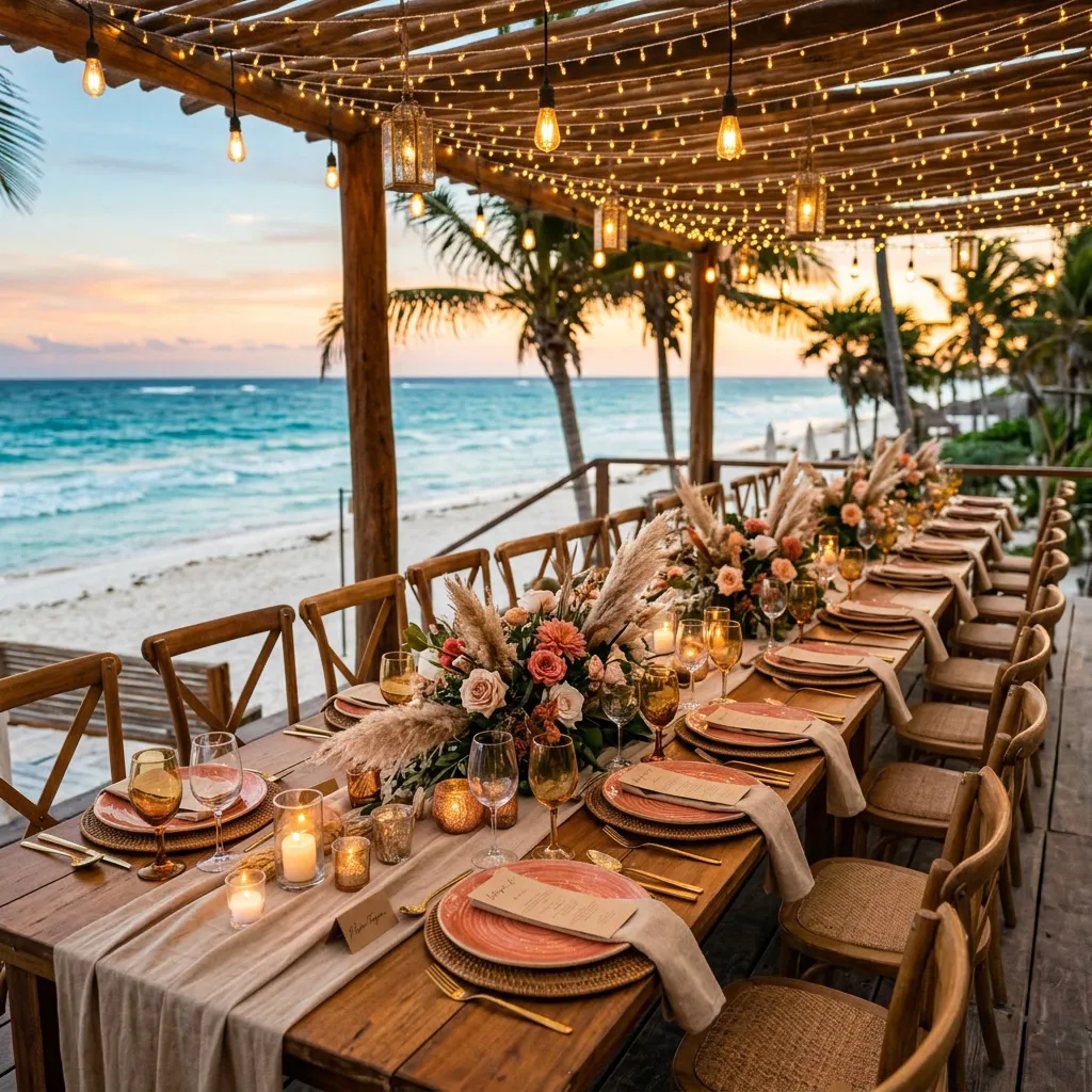 Mesa larga de recepción montada en un deck de playa de madera al atardecer, con luces colgantes, vajilla coral y arena, centros de pampas, copas ámbar y velas, con el mar turquesa y palmeras al fondo