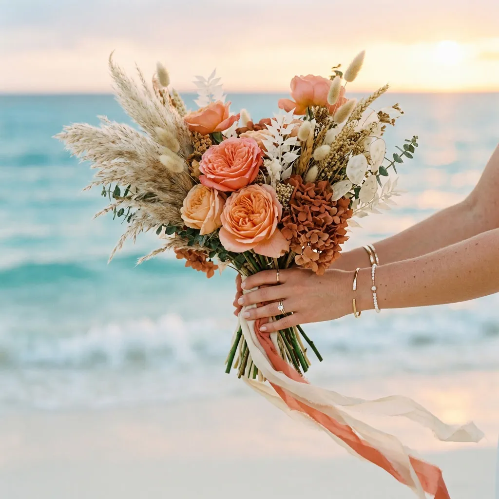 Manos de la novia sosteniendo un bouquet de flores coral, flores secas y pampas grass, con la arena blanca y el mar turquesa de fondo