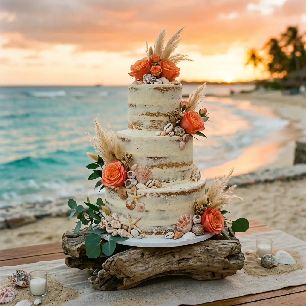 Torta de casamiento semi-desnuda decorada con caracoles, pampas y flores coral sobre soporte de madera, con el mar turquesa caribeño al atardecer detrás