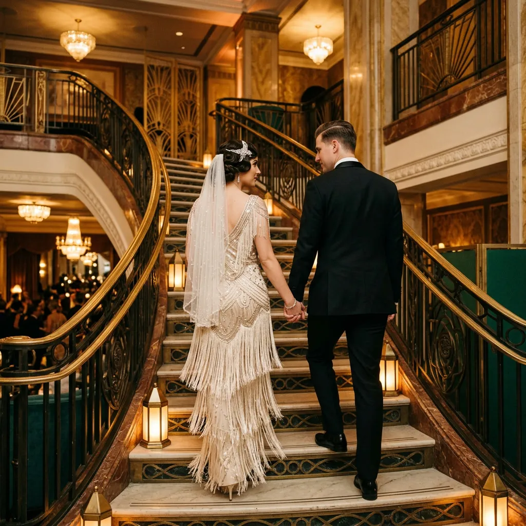 Pareja de espaldas subiendo una escalera deco con barandal dorado geométrico, ella de vestido de flecos años 20 y él de smoking