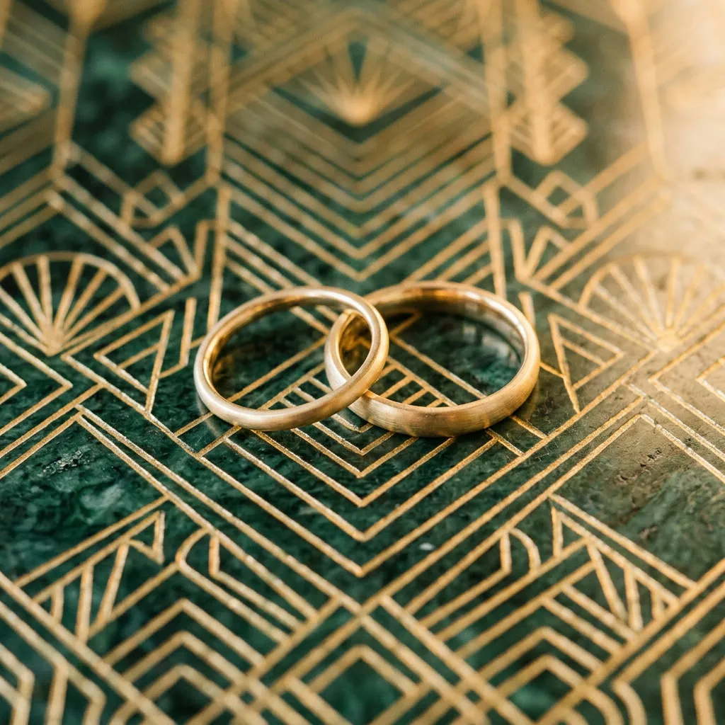 Anillos dorados sobre una superficie de mármol verde esmeralda con un patrón geométrico deco grabado en dorado