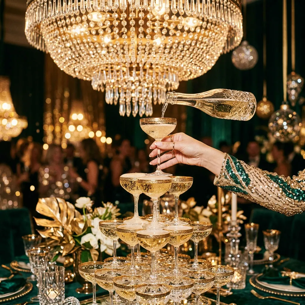 Torre de copas de cristal con borde dorado llenándose para el brindis, solo manos sosteniendo una copa, bajo una araña de cristal
