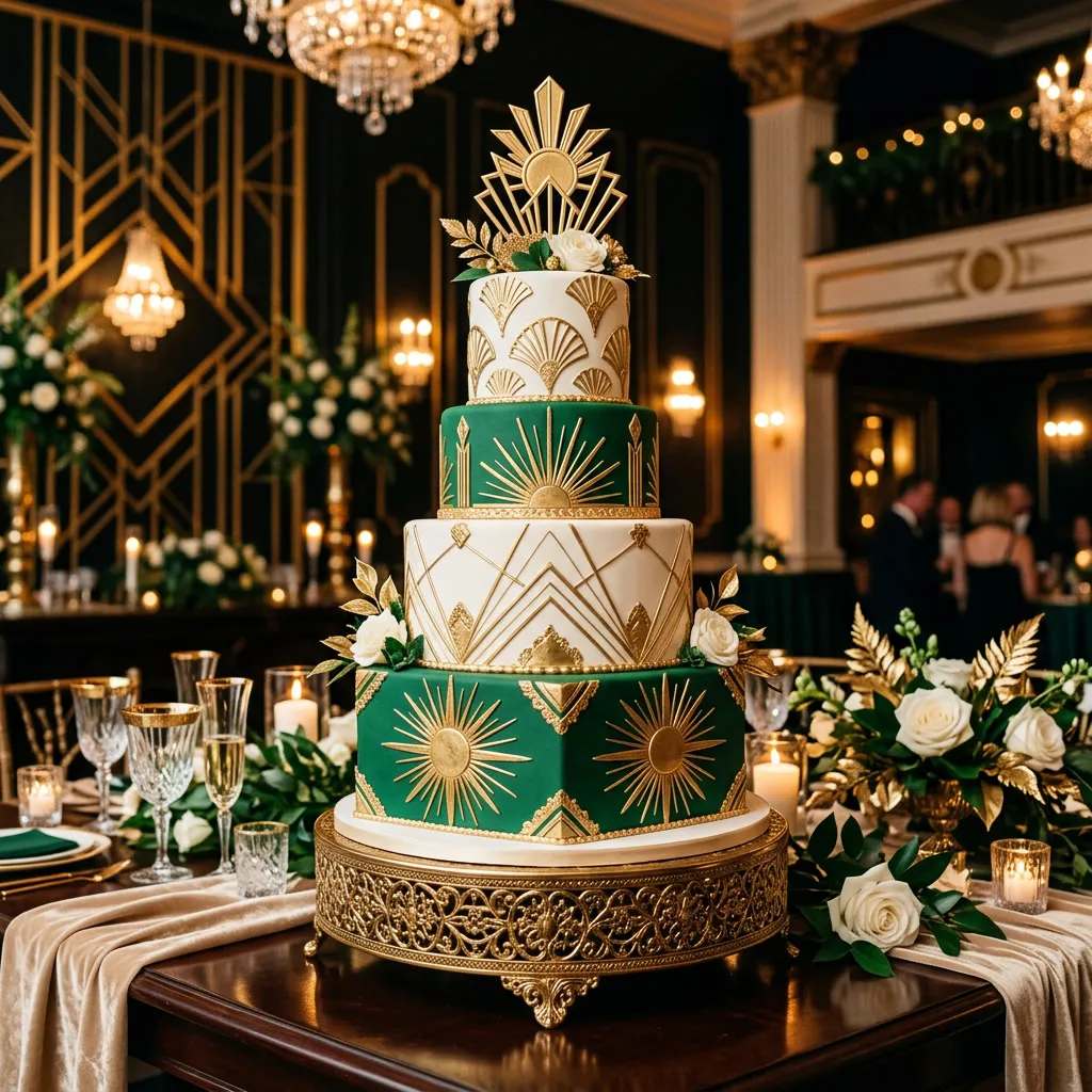 Torta de casamiento Art Deco geométrica de varios pisos con patrones sunburst dorados sobre fondant esmeralda y blanco