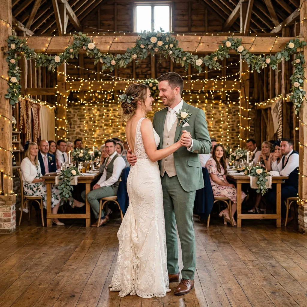 Novios en su primer baile en un galpón rústico con luces cálidas y guirnaldas de eucalipto