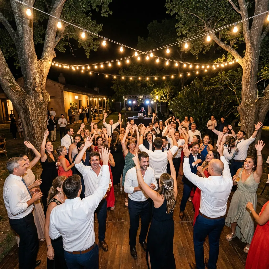 Pista de baile al aire libre de noche con invitados bailando bajo guirnaldas de luces