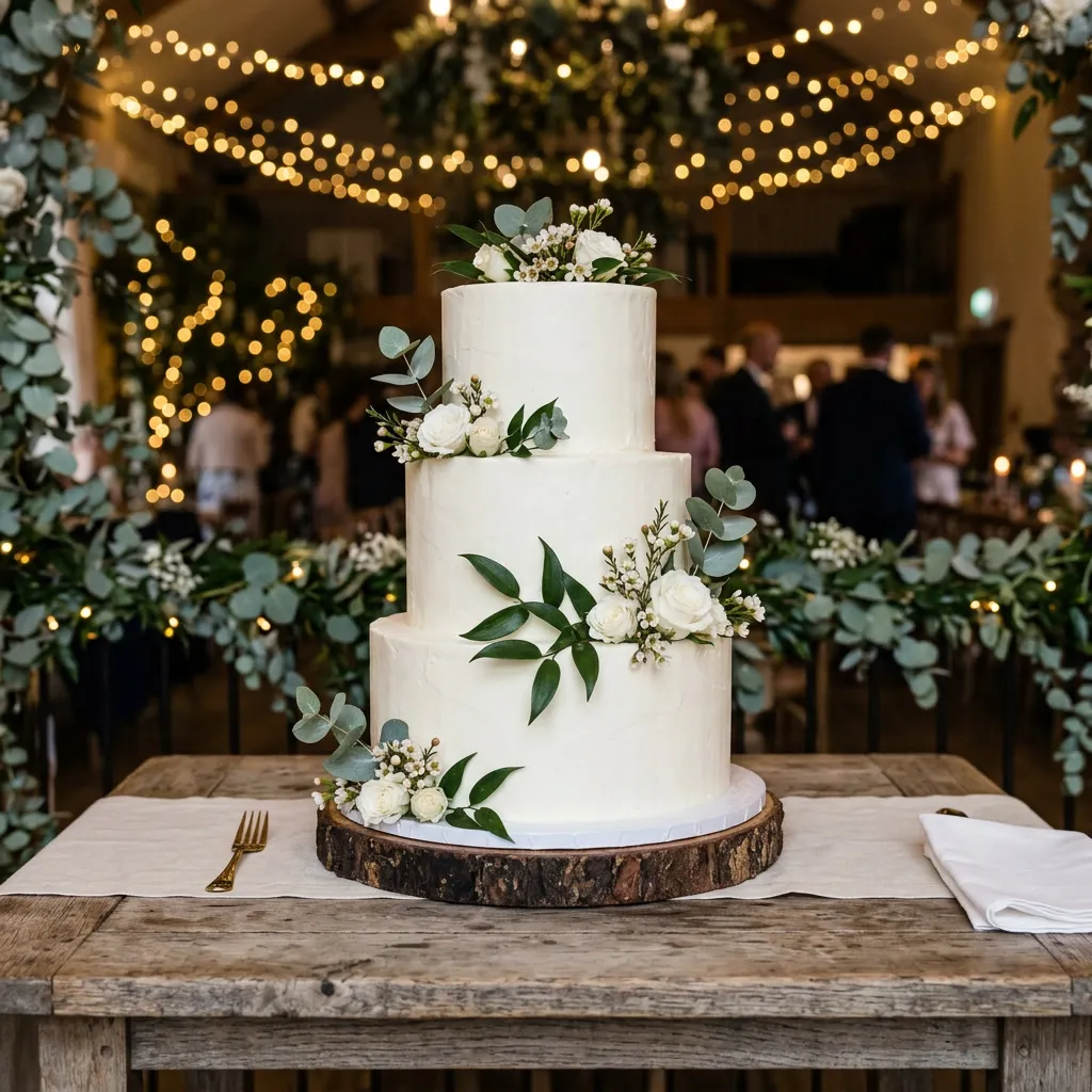 Torta de casamiento blanca con ramitas de eucalipto y flores blancas sobre madera rústica