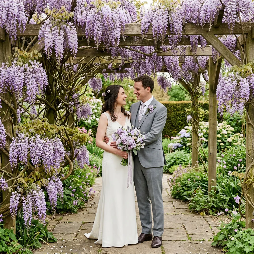 Novios abrazados bajo una pérgola cubierta de racimos de glicina en flor