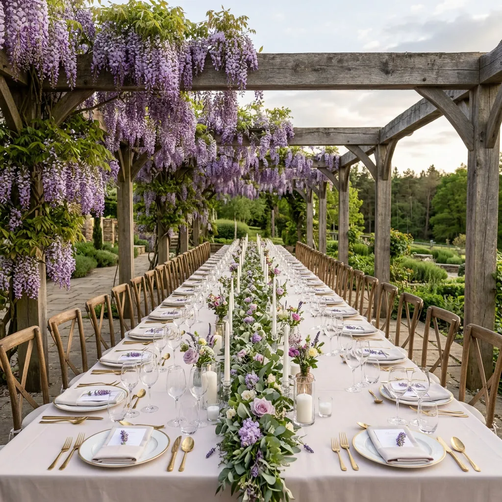 Mesa larga tendida bajo la pérgola con velas, flores lilas y hojas verdes