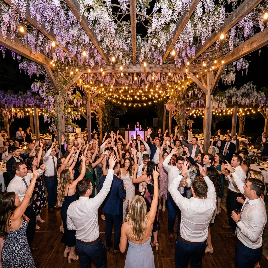 Pista de baile de noche llena de invitados bajo la pérgola iluminada con guirnaldas
