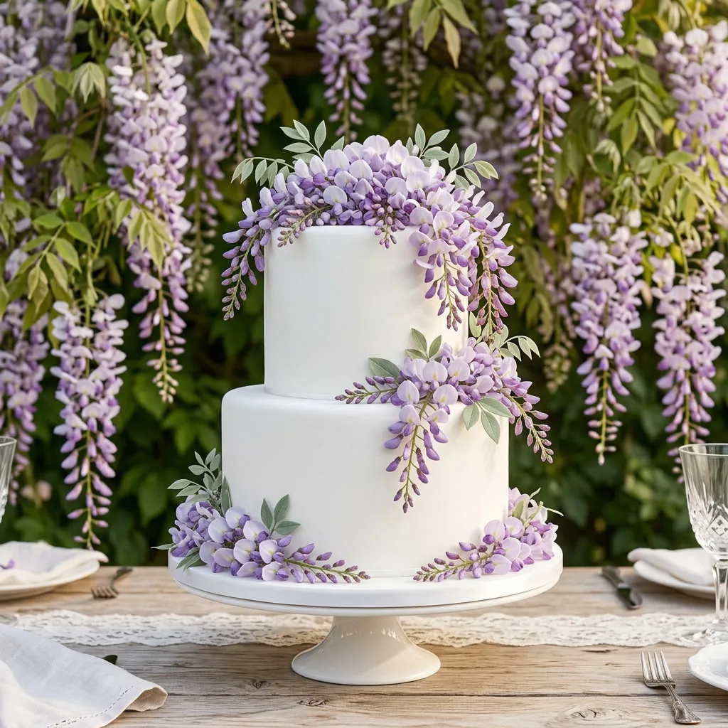 Torta de casamiento blanca decorada con flores de glicina y hojas verdes