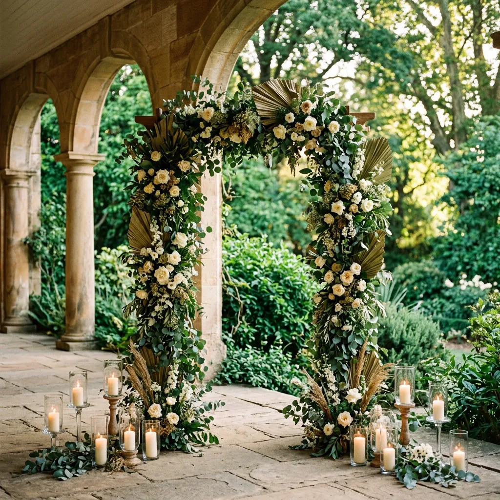 Arco de ceremonia cubierto de guirnaldas frondosas de eucalipto y rosas blancas bajo la galería de columnas