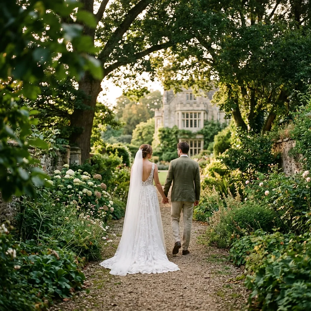 Pareja de novios de espaldas caminando por el jardín de la quinta entre los árboles al atardecer