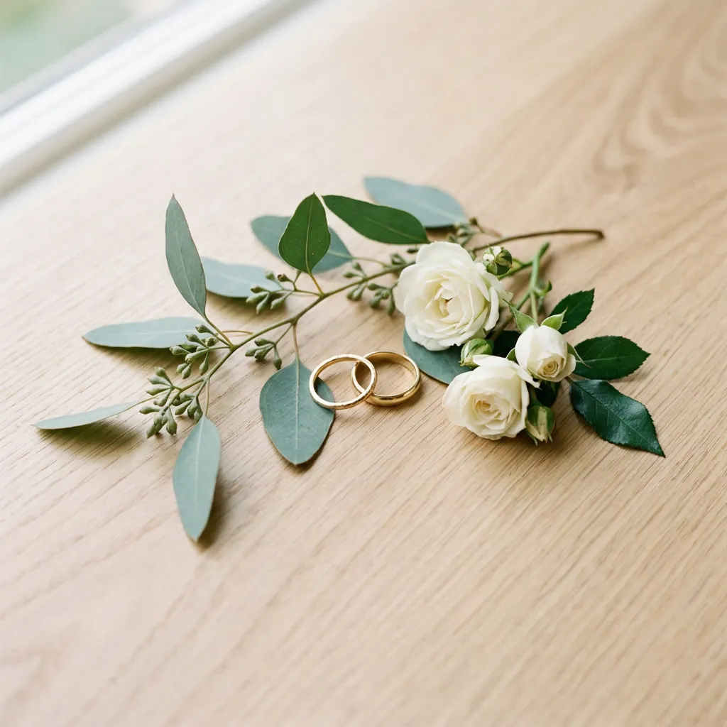 Anillos de boda dorados junto a una ramita de eucalipto y rosas blancas sobre madera clara