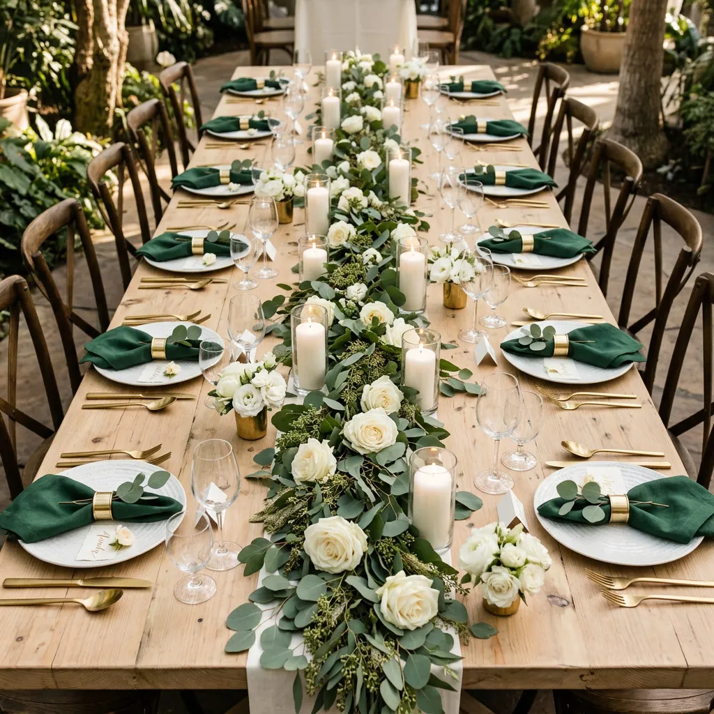Vista cenital de mesa larga con vajilla blanca, lino verde, guirnalda corrida de eucalipto y rosas blancas con velas