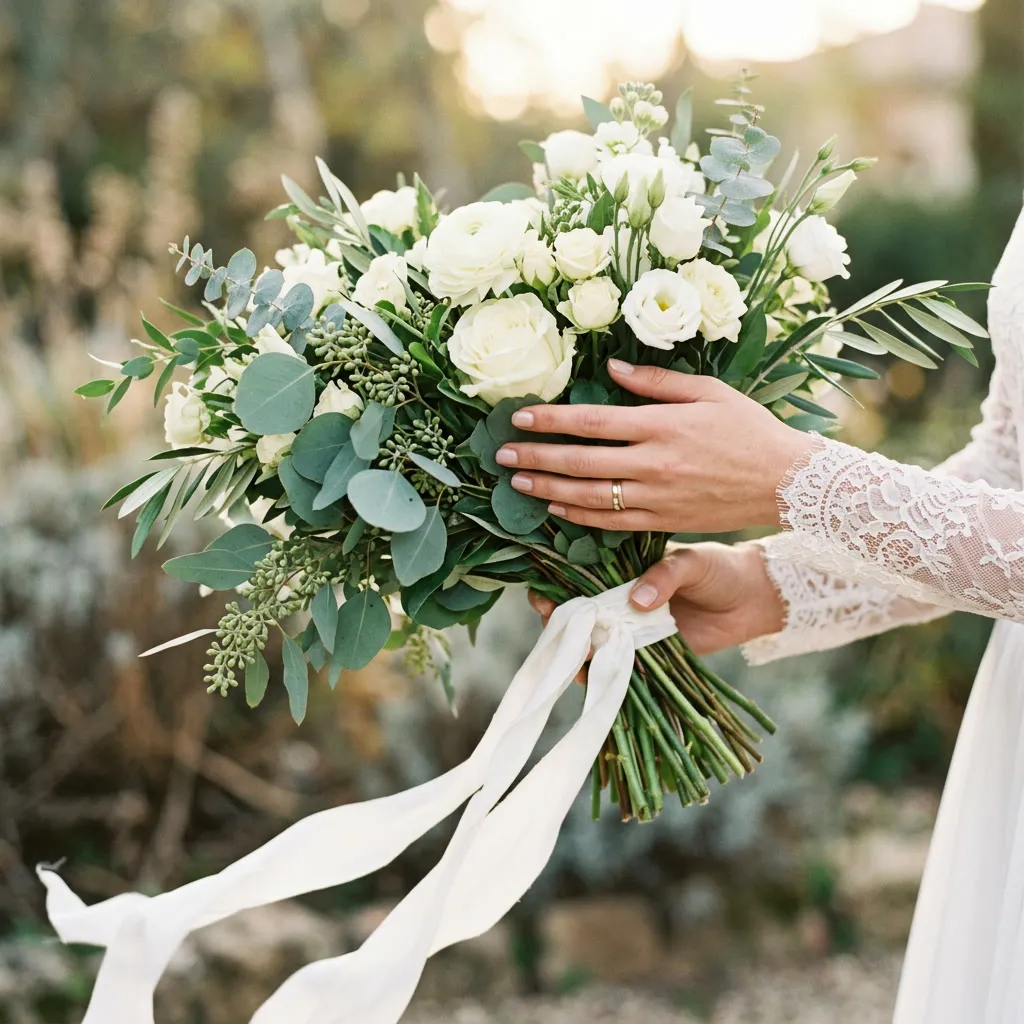 Manos de la novia sosteniendo un bouquet verde y blanco de eucalipto, follaje y rosas blancas