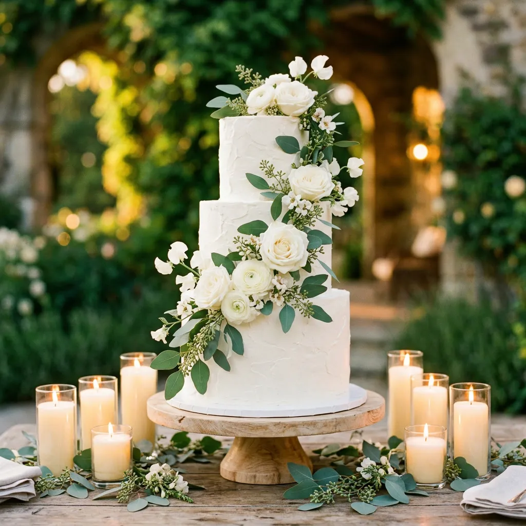 Torta de bodas blanca decorada con follaje de eucalipto y rosas blancas frescas sobre soporte de madera