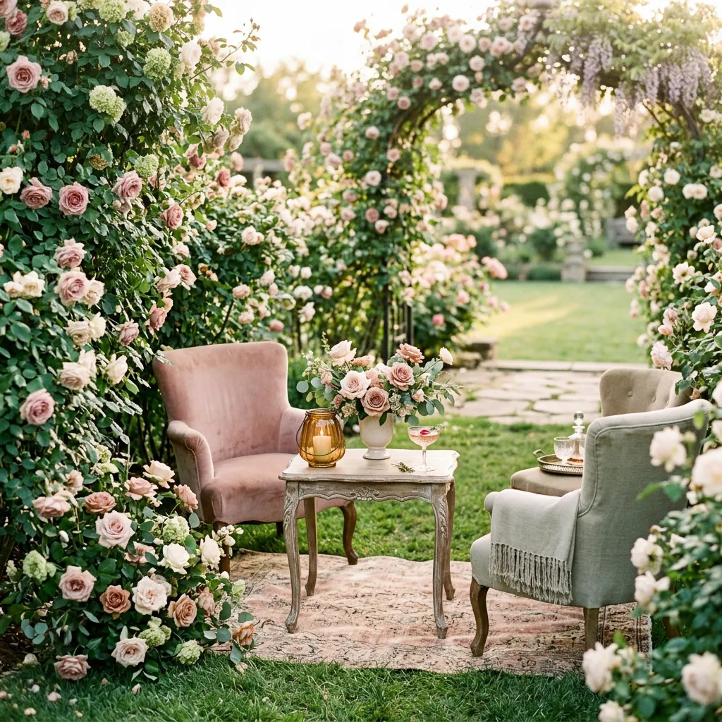 Rincón del jardín de rosas con lounge vintage y faroles para el cocktail de bienvenida, golden hour