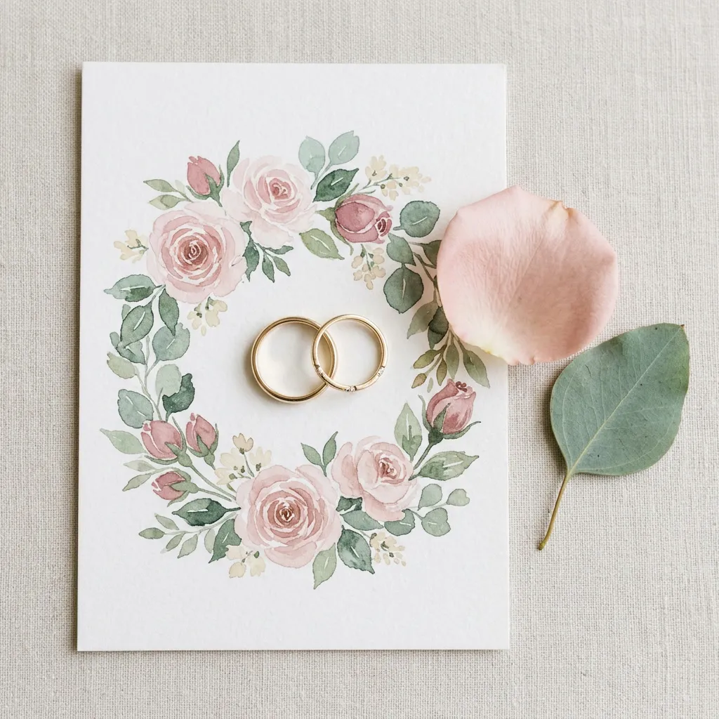 Anillos dorados sobre una invitación de acuarela con corona de rosas, junto a un pétalo y una hoja de sage