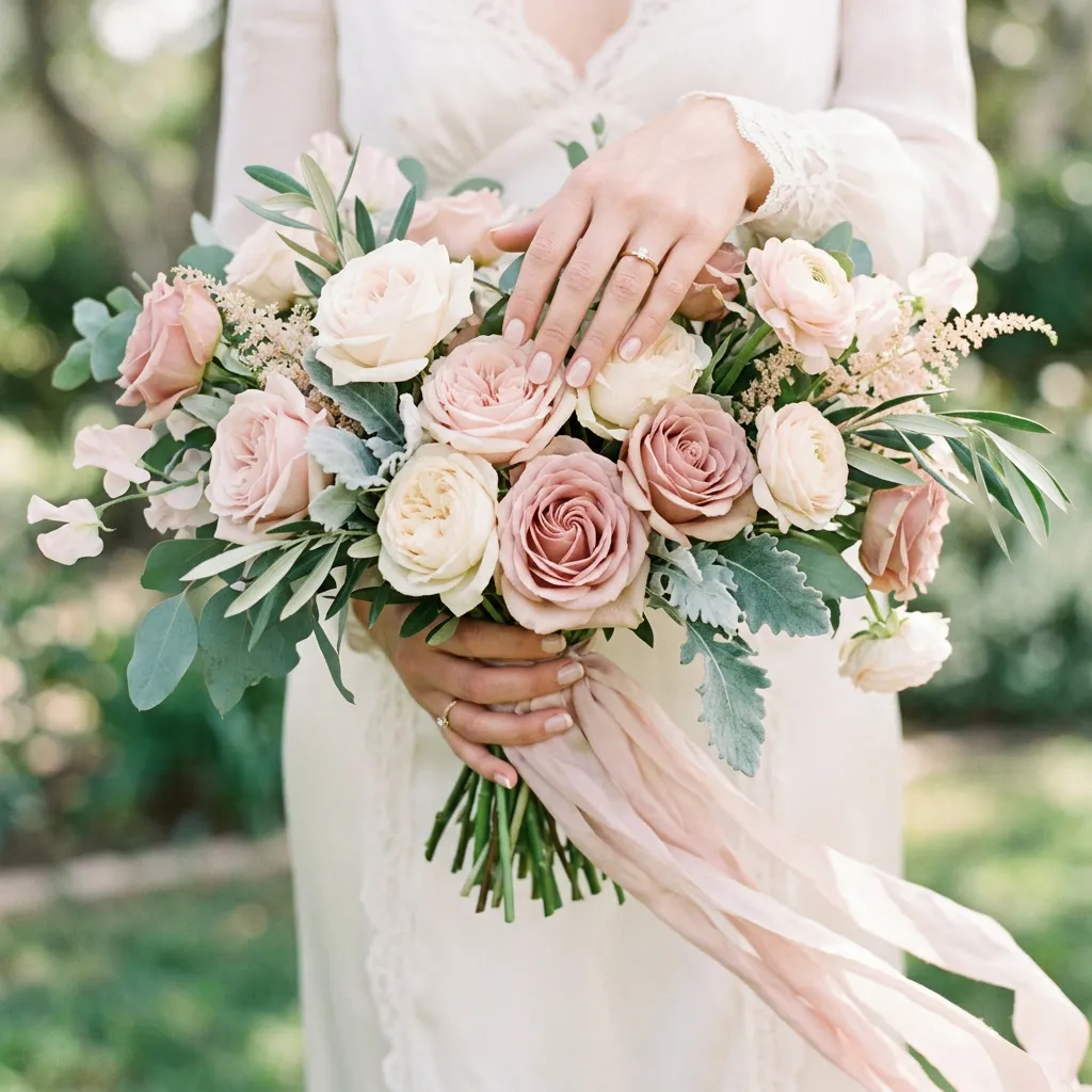 Manos de la novia sosteniendo un bouquet de rosas blush y dusty rose con sage