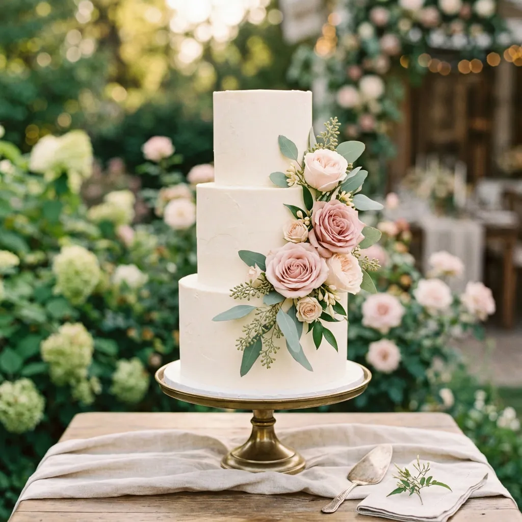 Torta de casamiento clara con algunas rosas frescas blush y dusty rose y un toque de sage