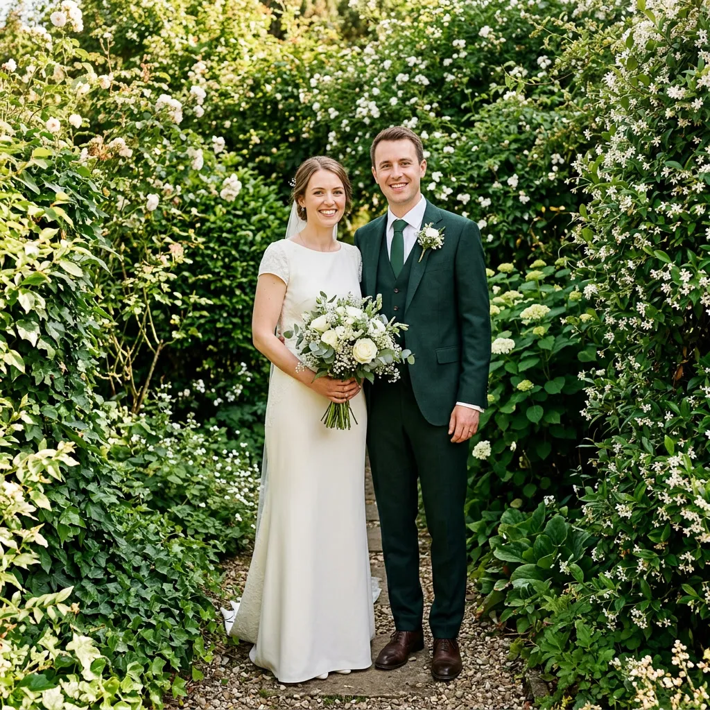 Novios abrazados en un jardín soleado rodeados de follaje verde y flores blancas