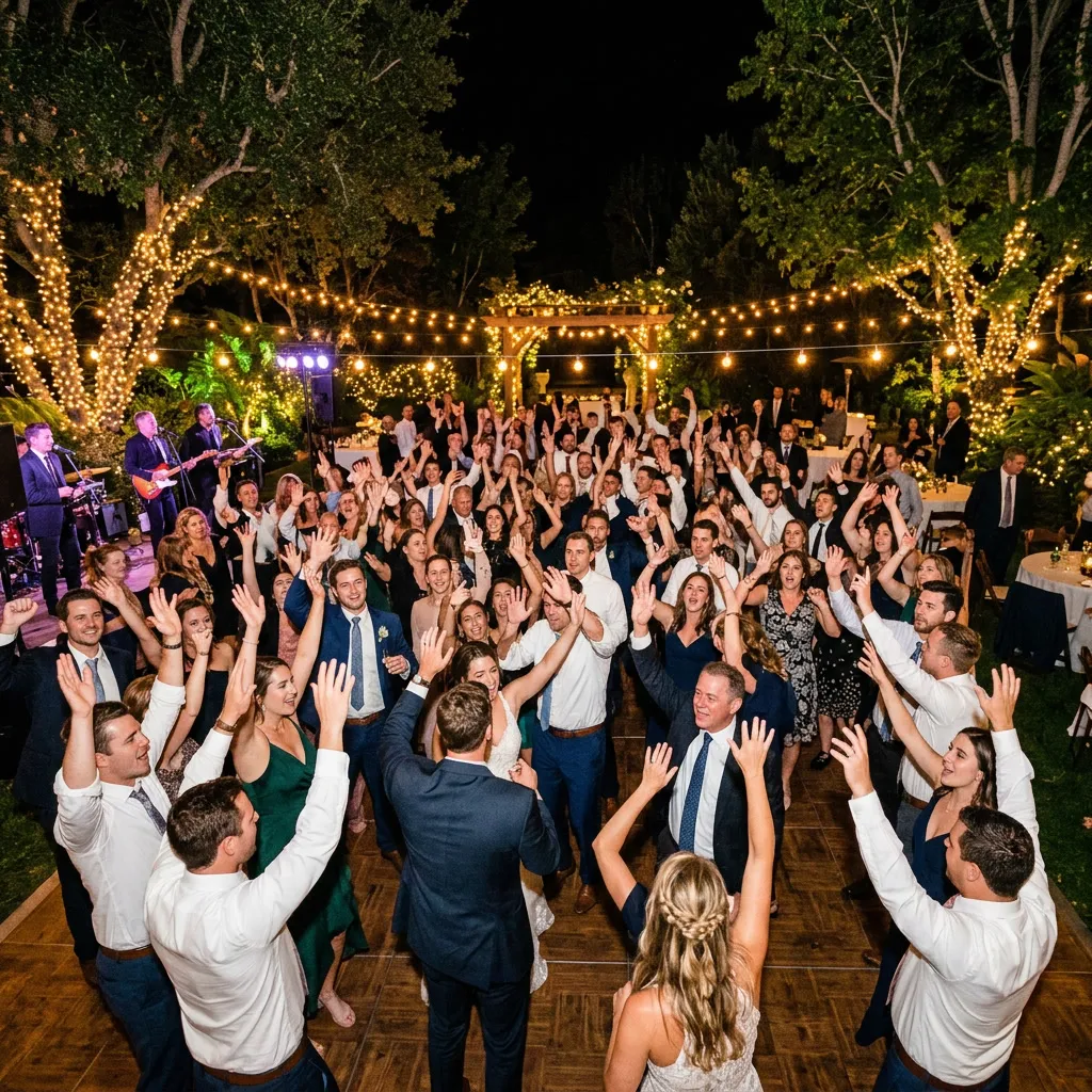Pista de baile al aire libre de noche llena de invitados bailando bajo guirnaldas de luces