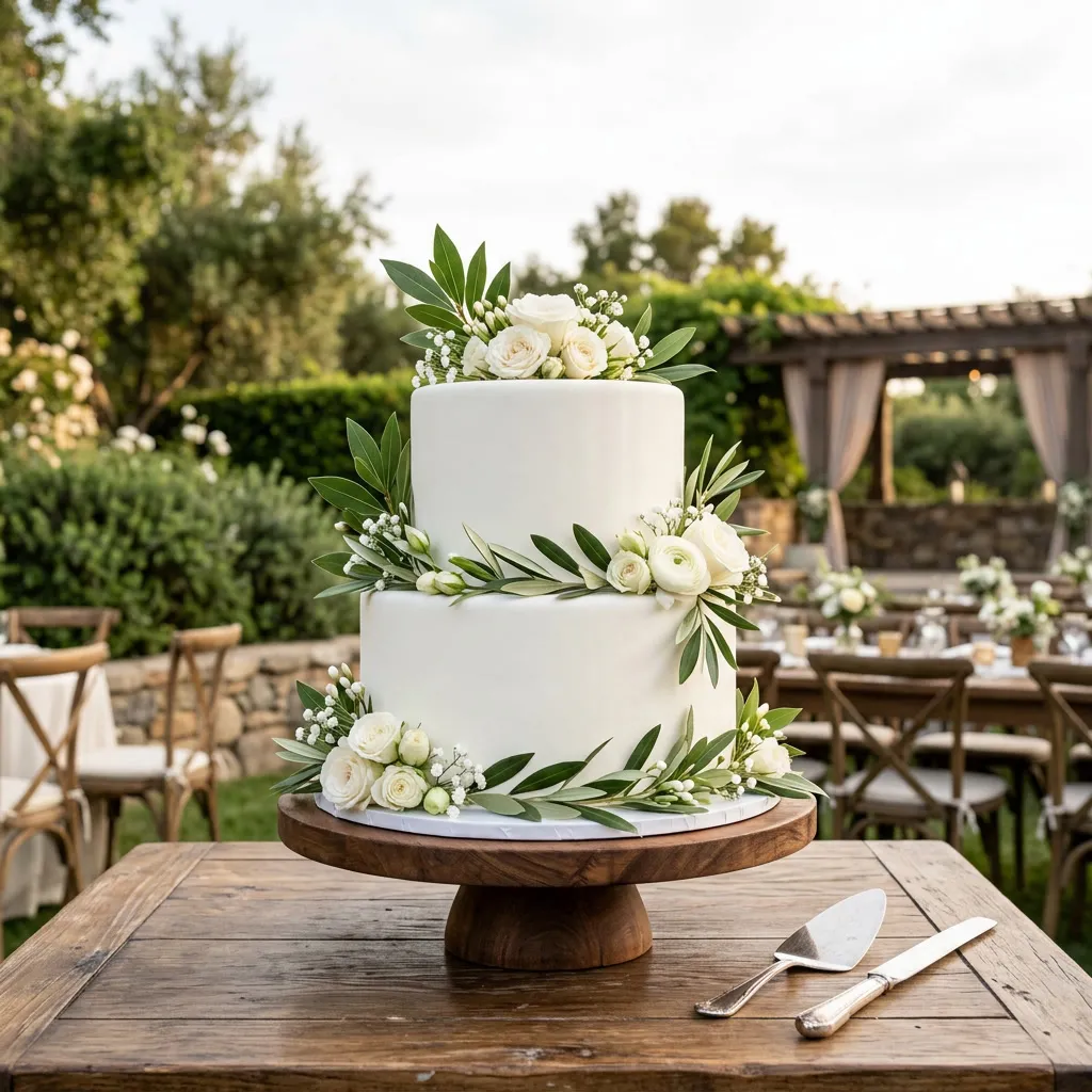 Torta de casamiento blanca decorada con hojas de laurel y flores pequeñas