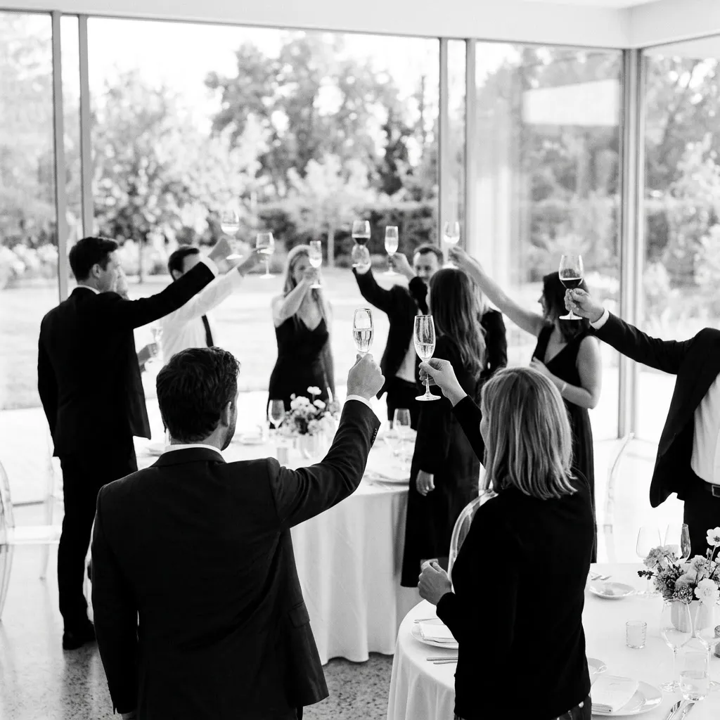Invitados brindando en un salón de casamiento minimalista monocromo, vistos de espaldas y de perfil parcial, mesas redondas vestidas y ventanal de vidrio detrás, ambiente cálido y celebratorio