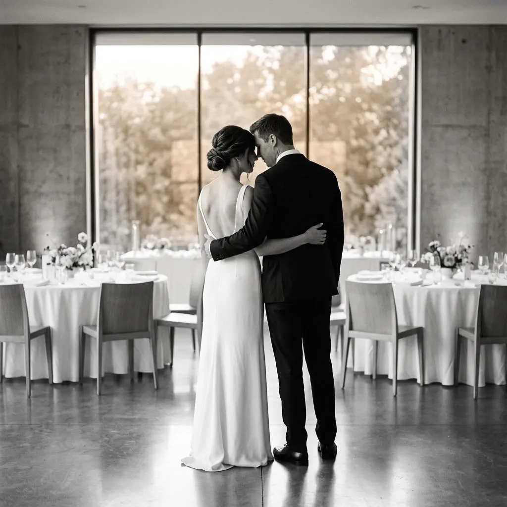 Pareja de novios de espaldas, juntos y abrazados en un momento íntimo en el salón, ella de vestido blanco minimal y él de traje negro, mesas redondas vestidas cálidas detrás