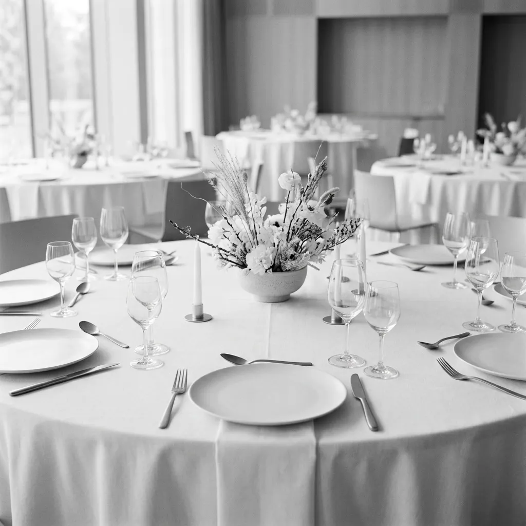 Mesa redonda vestida de blanco para casamiento con vajilla blanca, cubertería plateada mate, cristalería y un centro mínimo monocromo, otras mesas redondas suaves al fondo del salón